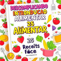 A whimsical and playful book cover featuring the title 'DESCOMPLICANDO A INTRODUCAO ALIMENTAR' displayed prominently at the top in fun, colorful lettering