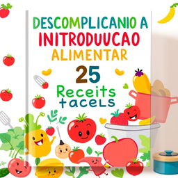 A whimsical and playful book cover featuring the title 'DESCOMPLICANDO A INTRODUCAO ALIMENTAR' displayed prominently at the top in fun, colorful lettering