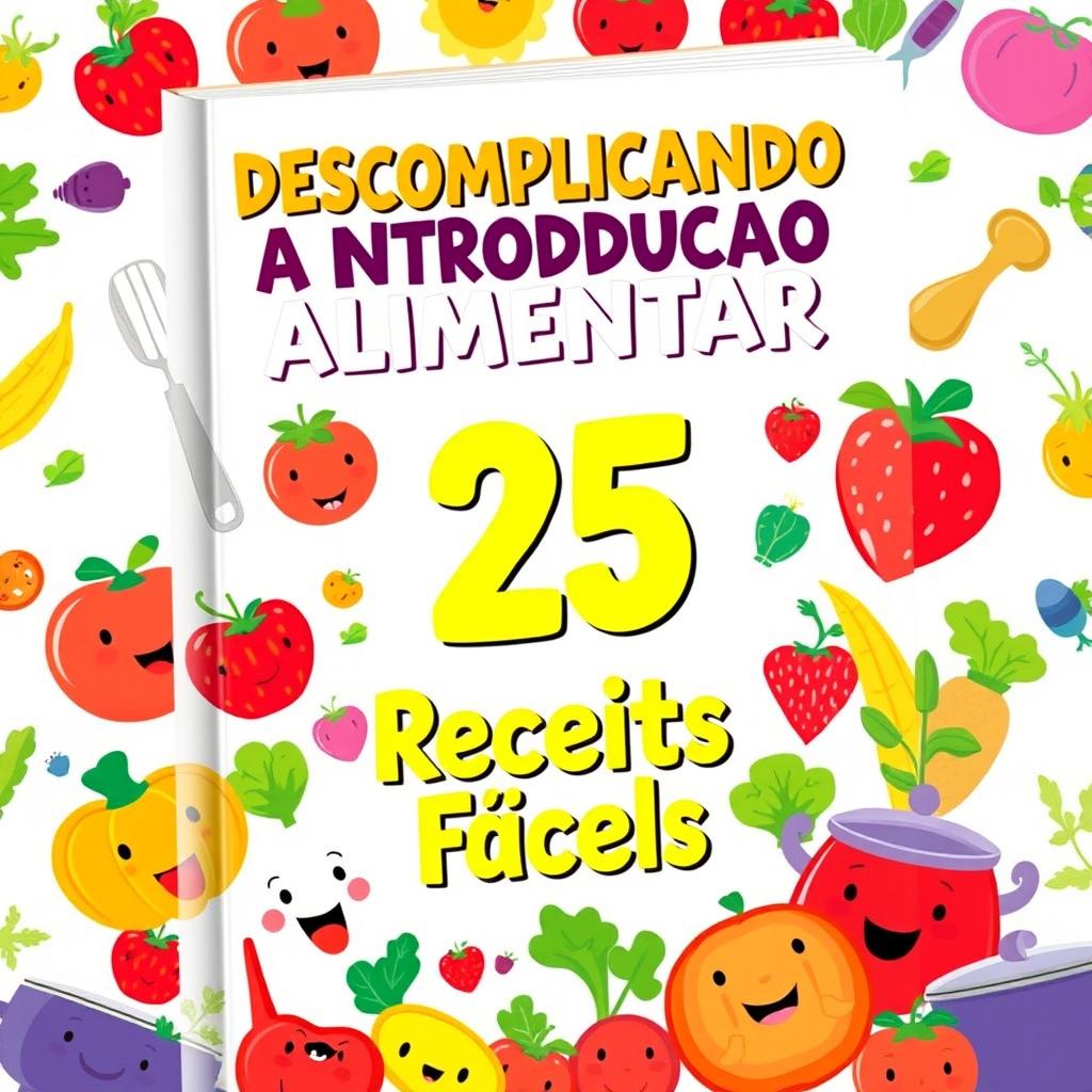 A whimsical and playful book cover featuring the title 'DESCOMPLICANDO A INTRODUCAO ALIMENTAR' displayed prominently at the top in fun, colorful lettering