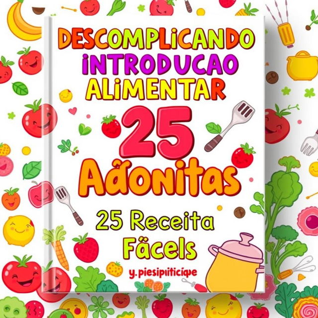 A whimsical and playful book cover featuring the title 'DESCOMPLICANDO A INTRODUCAO ALIMENTAR' displayed prominently at the top in fun, colorful lettering