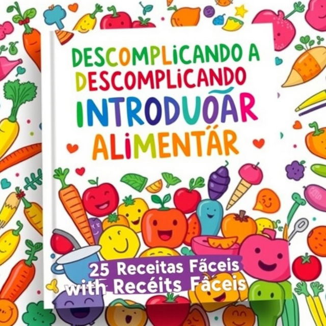 A playful and engaging book cover featuring the title 'DESCOMPLICANDO A INTRODUÇÃO ALIMENTAR' in bold, fun lettering at the top