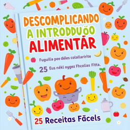 A playful and engaging book cover featuring the title 'DESCOMPLICANDO A INTRODUÇÃO ALIMENTAR' in bold, fun lettering at the top