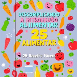 A playful and engaging book cover featuring the title 'DESCOMPLICANDO A INTRODUÇÃO ALIMENTAR' in bold, fun lettering at the top