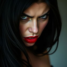 A striking close-up portrait of a beautiful woman with an intense, anger-filled gaze