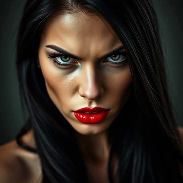 A striking close-up portrait of a beautiful woman with an intense, anger-filled gaze