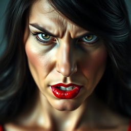 A striking close-up portrait of a beautiful woman with an intense, anger-filled gaze