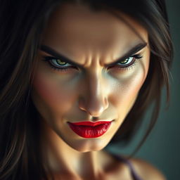 A striking close-up portrait of a beautiful woman with an intense, anger-filled gaze