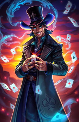 A character named Twisted Fate from a fantastical card game universe, featuring a man with a charismatic smile, wearing a stylish cowboy hat and a long coat adorned with playing card motifs