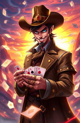 A character named Twisted Fate from a fantastical card game universe, featuring a man with a charismatic smile, wearing a stylish cowboy hat and a long coat adorned with playing card motifs