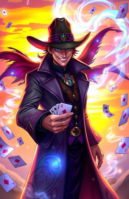 A character named Twisted Fate from a fantastical card game universe, featuring a man with a charismatic smile, wearing a stylish cowboy hat and a long coat adorned with playing card motifs