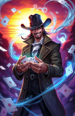 A character named Twisted Fate from a fantastical card game universe, featuring a man with a charismatic smile, wearing a stylish cowboy hat and a long coat adorned with playing card motifs