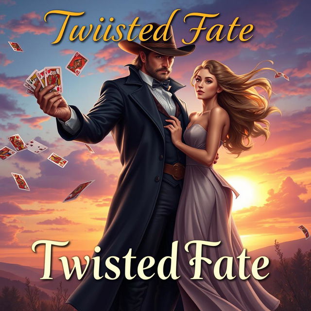 A captivating romance novel cover featuring Twisted Fate from a fantastical card game universe, set against a backdrop of a romantic, enchanted landscape