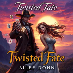 A captivating romance novel cover featuring Twisted Fate from a fantastical card game universe, set against a backdrop of a romantic, enchanted landscape