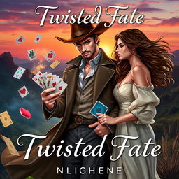 A captivating romance novel cover featuring Twisted Fate from a fantastical card game universe, set against a backdrop of a romantic, enchanted landscape
