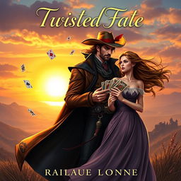 A captivating romance novel cover featuring Twisted Fate from a fantastical card game universe, set against a backdrop of a romantic, enchanted landscape
