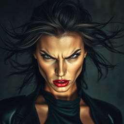 A beautiful woman with an intense angry gaze, her striking features include bold cheekbones, full lips, and captivating eyes that pierce through the viewer