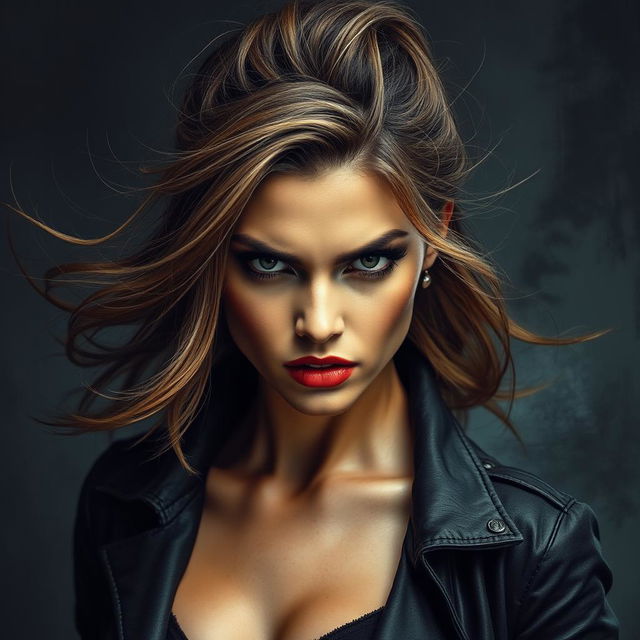 A beautiful woman with an intense angry gaze, her striking features include bold cheekbones, full lips, and captivating eyes that pierce through the viewer