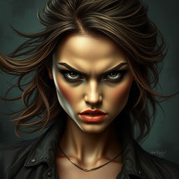 A beautiful woman with an intense angry gaze, her striking features include bold cheekbones, full lips, and captivating eyes that pierce through the viewer