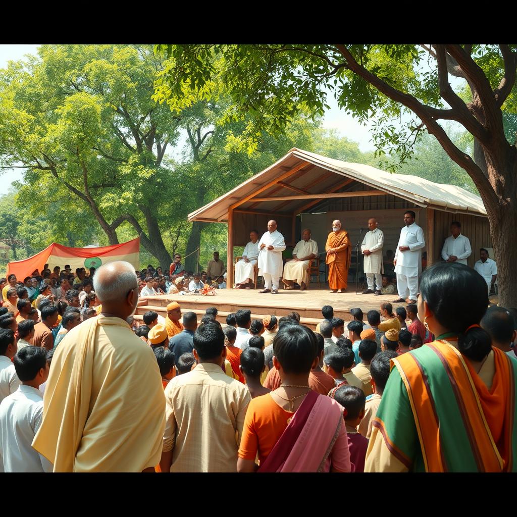 A large village gathering with Mahatma Gandhi, Jawaharlal Nehru, and Sardar Patel addressing a diverse crowd of villagers on an open wooden stage