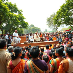 A large village gathering with Mahatma Gandhi, Jawaharlal Nehru, and Sardar Patel addressing a diverse crowd of villagers on an open wooden stage