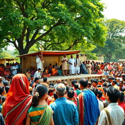 A large village gathering with Mahatma Gandhi, Jawaharlal Nehru, and Sardar Patel addressing a diverse crowd of villagers on an open wooden stage