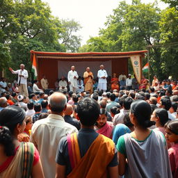 A large village gathering with Mahatma Gandhi, Jawaharlal Nehru, and Sardar Patel addressing a diverse crowd of villagers on an open wooden stage