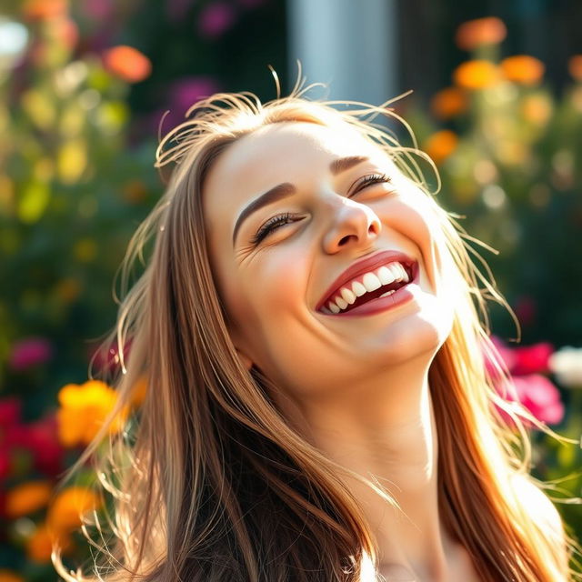 A beautiful woman captured in the moment of laughter, with her head thrown back and eyes sparkling with joy