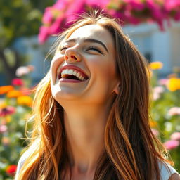 A beautiful woman captured in the moment of laughter, with her head thrown back and eyes sparkling with joy