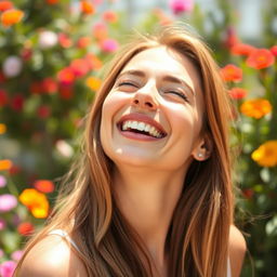 A beautiful woman captured in the moment of laughter, with her head thrown back and eyes sparkling with joy