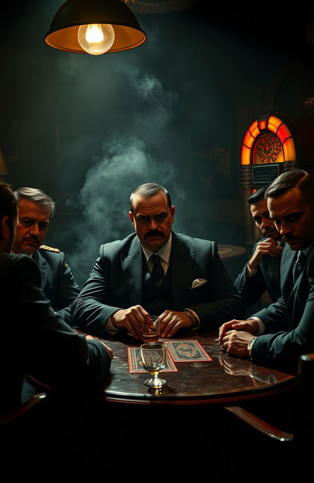 A dramatic scene set in the smoky backroom of an Italian mafia speakeasy, featuring a rugged mafia boss with a thick mustache in a sharp black suit, confidently sitting at a table playing cards
