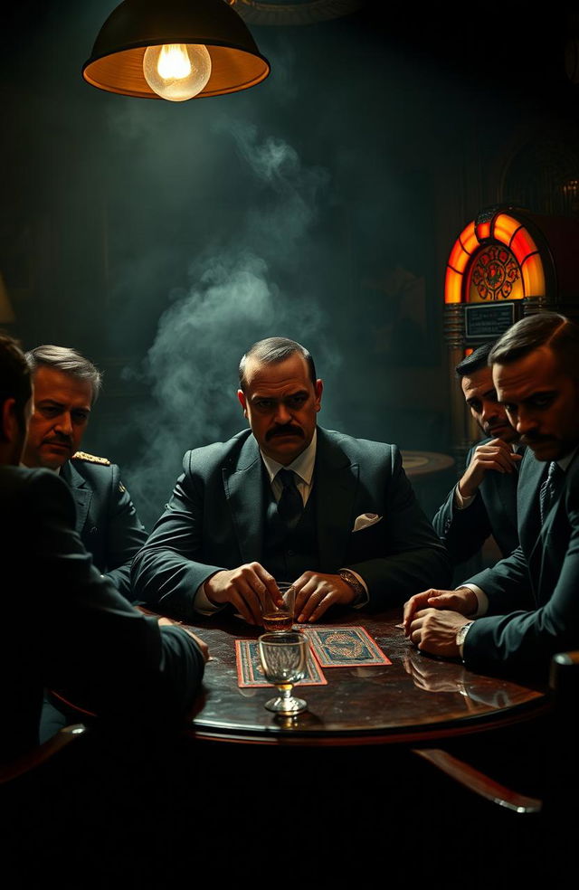 A dramatic scene set in the smoky backroom of an Italian mafia speakeasy, featuring a rugged mafia boss with a thick mustache in a sharp black suit, confidently sitting at a table playing cards