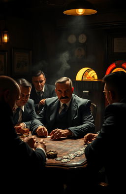 A dramatic scene set in the smoky backroom of an Italian mafia speakeasy, featuring a rugged mafia boss with a thick mustache in a sharp black suit, confidently sitting at a table playing cards
