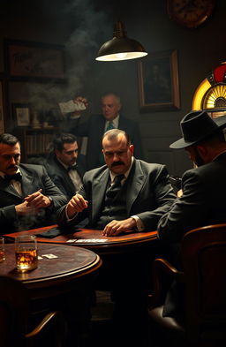 A dramatic scene set in the smoky backroom of an Italian mafia speakeasy, featuring a rugged mafia boss with a thick mustache in a sharp black suit, confidently sitting at a table playing cards