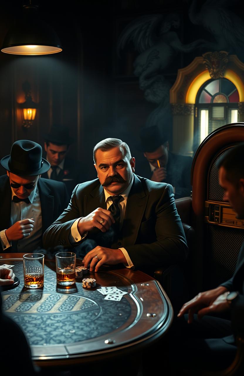 A dramatic scene set in the smoky backroom of an Italian mafia speakeasy, featuring a rugged mafia boss with a thick mustache in a sharp black suit, confidently sitting at a table playing cards