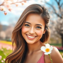 A beautiful woman smiling warmly, her bright smile radiates joy and positivity
