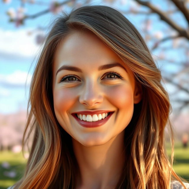A beautiful woman smiling warmly, her bright smile radiates joy and positivity