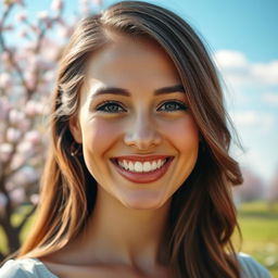 A beautiful woman smiling warmly, her bright smile radiates joy and positivity