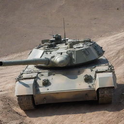 A detailed view of a T-90 tank, a dominant force on the battlefield, painted in a camouflage pattern and situated in a rugged terrain