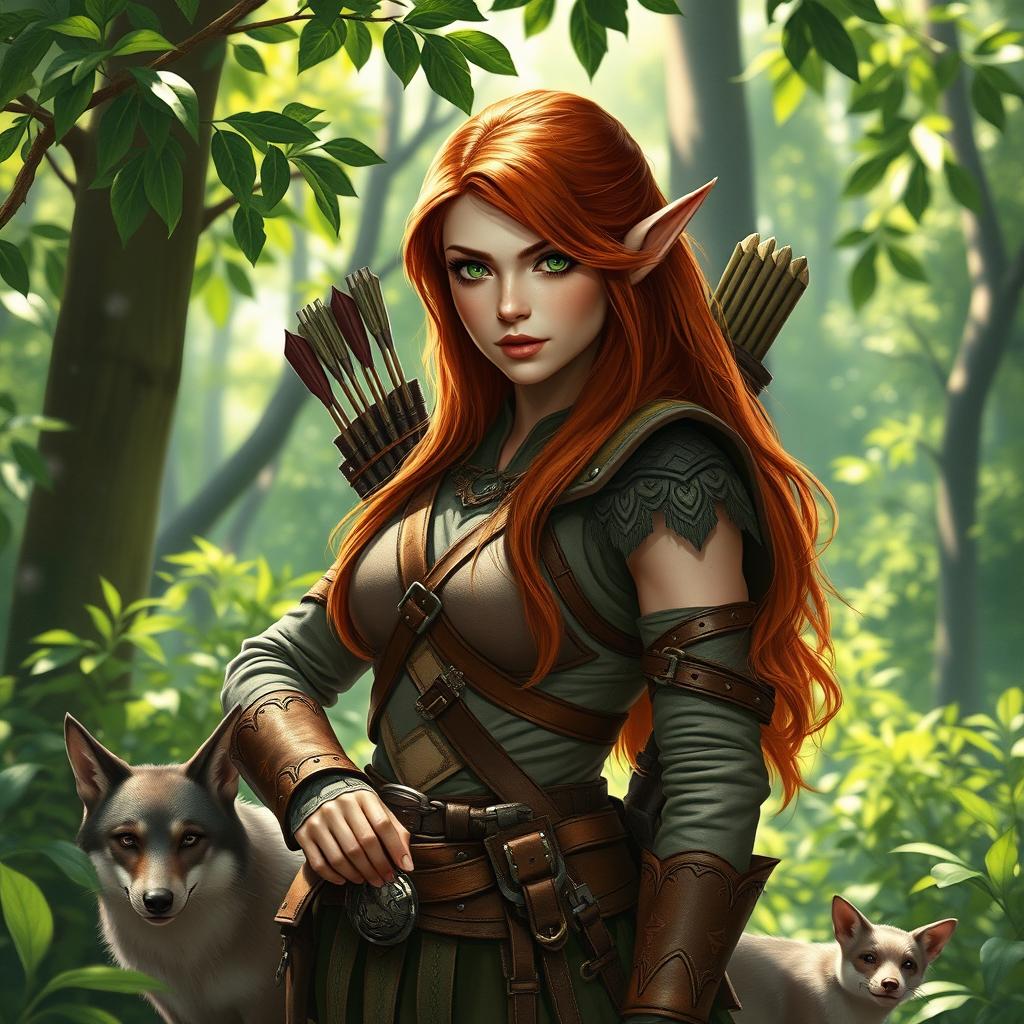 A female half-elf ranger, standing in a lush, vibrant forest