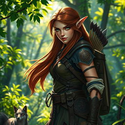 A female half-elf ranger, standing in a lush, vibrant forest