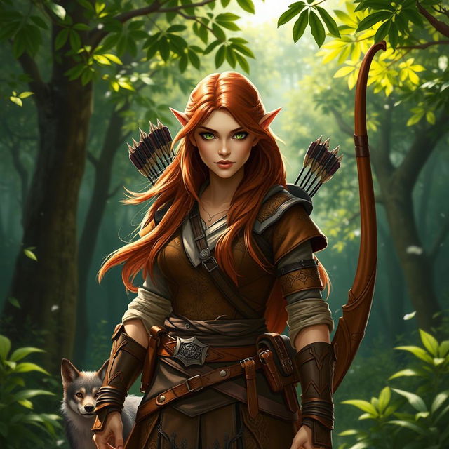 A female half-elf ranger, standing in a lush, vibrant forest