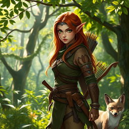A female half-elf ranger, standing in a lush, vibrant forest
