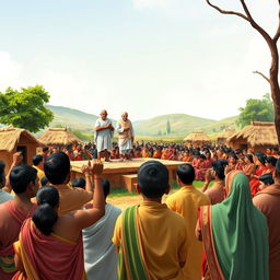 A vibrant scene depicting a simple wooden platform with Mahatma Gandhi, Jawaharlal Nehru, and Sardar Vallabhbhai Patel standing on it, addressing a large crowd of enthusiastic villagers