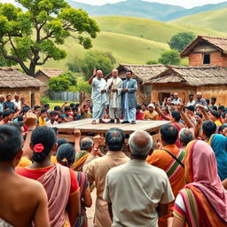 A vibrant scene depicting a simple wooden platform with Mahatma Gandhi, Jawaharlal Nehru, and Sardar Vallabhbhai Patel standing on it, addressing a large crowd of enthusiastic villagers