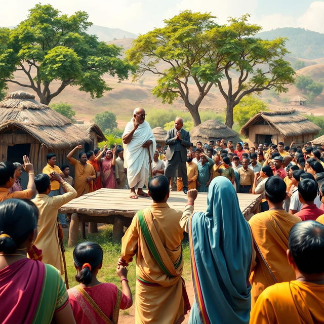 A vibrant scene depicting a simple wooden platform with Mahatma Gandhi, Jawaharlal Nehru, and Sardar Vallabhbhai Patel standing on it, addressing a large crowd of enthusiastic villagers