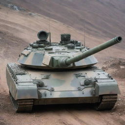 A detailed view of a T-90 tank, a dominant force on the battlefield, painted in a camouflage pattern and situated in a rugged terrain