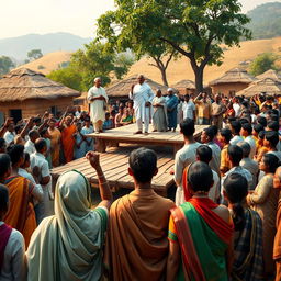 A vibrant scene depicting a simple wooden platform with Mahatma Gandhi, Jawaharlal Nehru, and Sardar Vallabhbhai Patel standing on it, addressing a large crowd of enthusiastic villagers