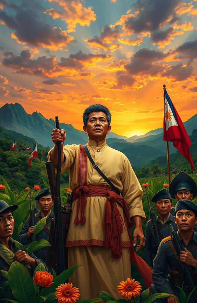 A historical scene depicting the significant events of the Philippine Revolution, showcasing Emilio Aguinaldo in traditional Filipino attire, rallying soldiers in a lush, green landscape filled with revolutionary symbols like the Philippine flag