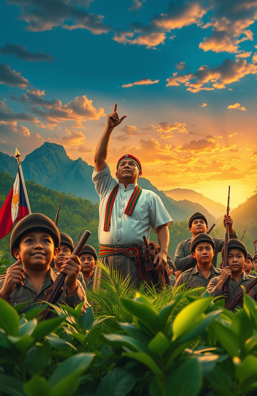 A historical scene depicting the significant events of the Philippine Revolution, showcasing Emilio Aguinaldo in traditional Filipino attire, rallying soldiers in a lush, green landscape filled with revolutionary symbols like the Philippine flag