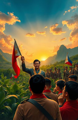 A historical scene depicting the significant events of the Philippine Revolution, showcasing Emilio Aguinaldo in traditional Filipino attire, rallying soldiers in a lush, green landscape filled with revolutionary symbols like the Philippine flag